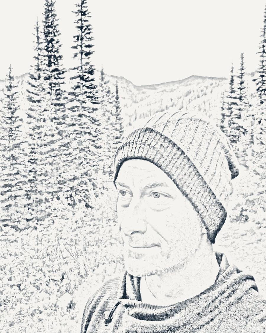 Pencil sketch of Jeremy Brooks in a knit cap, with mountains and pines behind him