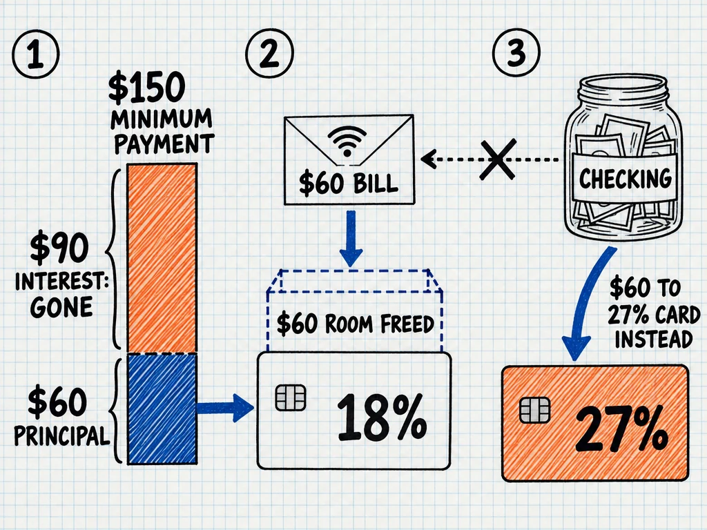 Hand-drawn notebook diagram in three steps. Step 1: a bar labeled "$150 minimum payment" splits into "$90 interest: gone" and "$60 principal", and an arrow carries the principal into an 18% card. Step 2: on the 18% card, an empty box labeled "$60 room freed", with an envelope labeled "$60 bill" dropping into it. Step 3: a jar labeled "checking", with a crossed-out arrow to the bill and a bold arrow labeled "$60 to 27% card instead" pointing to an orange 27% card.