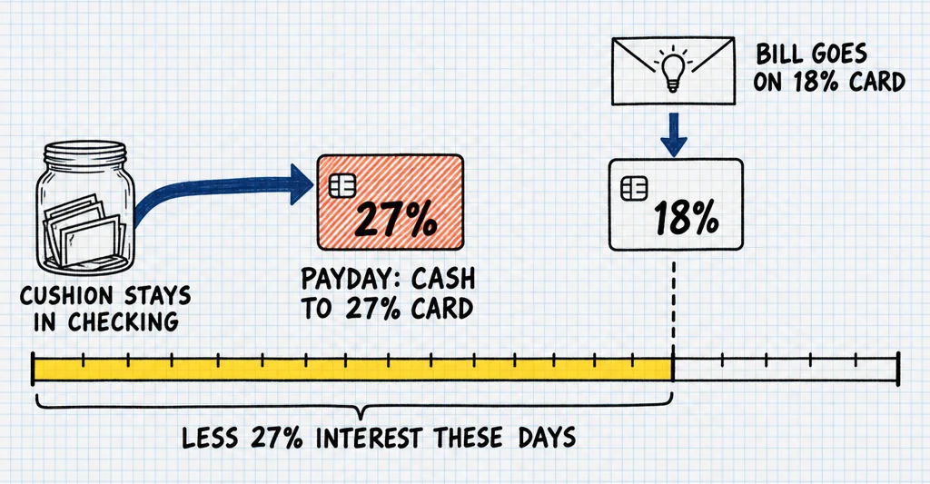 Hand-drawn notebook timeline of one month: on payday a bold arrow carries cash from a jar labeled "cushion stays in checking" to an orange 27% card, labeled "payday: cash to 27% card". Two thirds of the way along, an envelope with a light bulb goes on an 18% card, labeled "bill goes on 18% card". The days from payday to the bill are shaded yellow and labeled "less 27% interest these days".