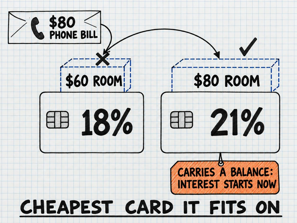 Hand-drawn notebook diagram: an envelope labeled "$80 phone bill" tries an 18% card whose box is labeled "$60 room" and gets an X, then lands on a 21% card whose box is labeled "$80 room" and gets a check mark. A tag on the 21% card reads "carries a balance: interest starts now". Underneath: "cheapest card it fits on".