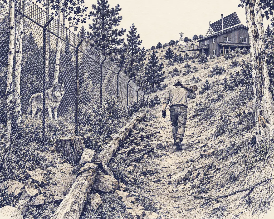 An ink drawing of a man carrying a log up a trail beside a wolf enclosure, a wolf watching from behind the fence, the sanctuary's solar-roofed building and a tipi on the hill.